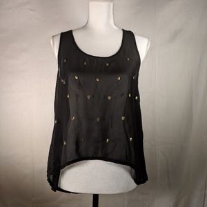 Iris Basic Black Sheer Tank with Gold Skulls S